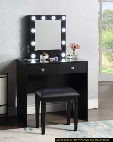 Black Makeup Vanity and Stool Set with 10 Lights and USB Port and Power Outlet, 2x Drawers Luxurious Style Furniture